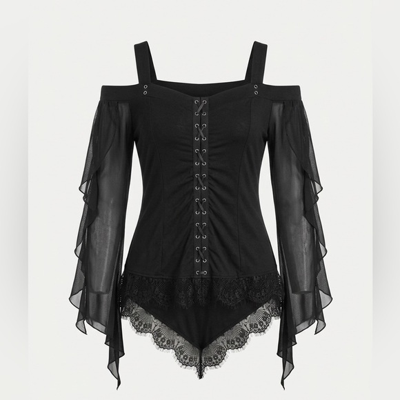 romantichut Tops - Cold-Shoulder Gothic Blouse with Lace Accents